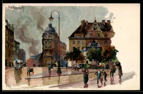 Künstler-AK Heinrich Kley: Regen auf dem Karlsplatz, Menschen mit Schirmen