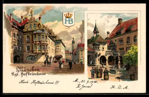 Lithographie München, Gasthof Kgl. Münchner Hofbräuhaus, Hof, Strassenseite