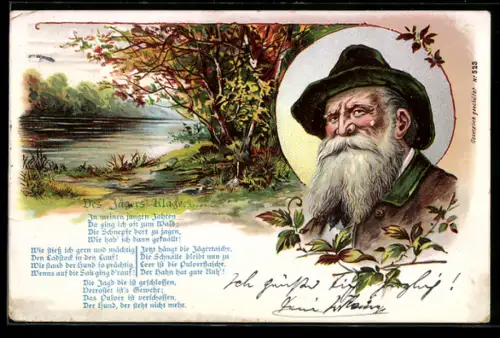 Lithographie Des Jägers Klage - Herbstlandschaft, Gedicht, Portrait