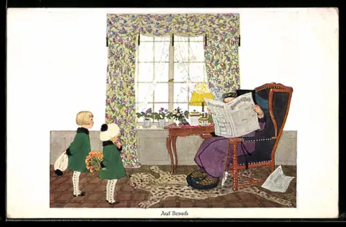 Künstler-AK Helmut Skarbina: Kinder beim Zeitungsleser