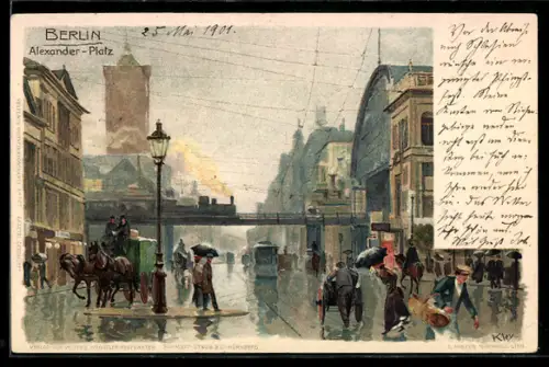 Künstler-Lithographie Heinrich Kley: Berlin, Alexander-Platz