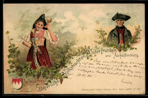 Lithographie Aschaffenburg, Frau mit Weinglas und Mann in Trachten