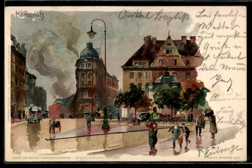 Künstler-AK Heinrich Kley: Regen auf dem Karlsplatz, Menschen mit Schirmen