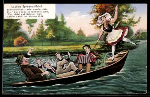AK Lustige Spreewaldfahrt, Fahrgast fällt aus Kahn in die Spree, Humor, Tracht