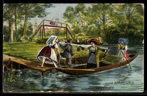 AK Hochzeitsreise im Spreewald, Paar in Trachten