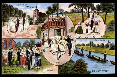 AK Männer und Frauen in Tracht aus dem Spreewald bei Taufe, Kirchgang u. Hochzeit