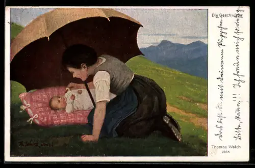 Künstler-AK Thomas Walch: Die Geschwister, Mädchen mit Kleinkind auf Wiese