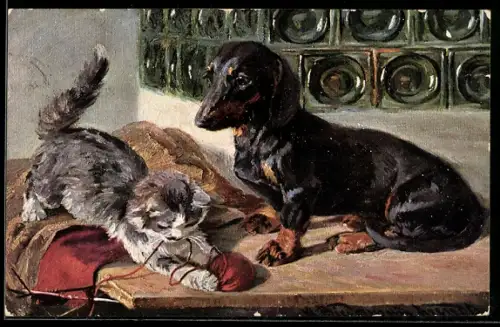 AK Dackel neben einer Katze mit einem Wollknäuel