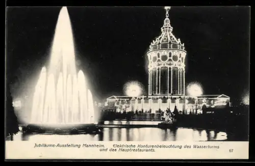 AK Mannheim, Wasserturm und Hauptrestaurant, elektrisch beleuchtete Konturen