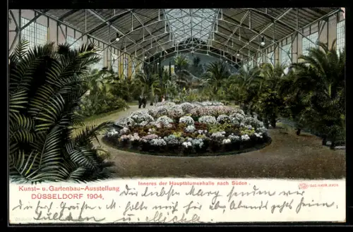 AK Düsseldorf, Kunst- und Gartenbau-Ausstellung 1904, inneres der Hauptblumenhalle nach Süden