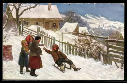 AK Knabe fährt mit dem Schlitten einen kleinen Abhang hinunter