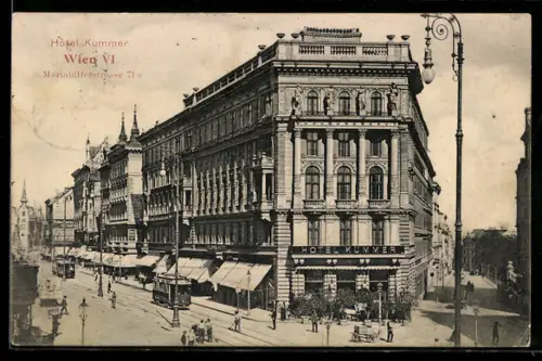 AK Wien, Hôtel Kummer in der Mariahilferstrasse 71a, Strassenbahn
