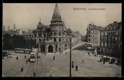 AK München, Löwenbräu-Keller, Totale mit Strassenbahn