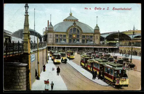 AK Halle a. S., Hauptbahnhof mit Strassenbahnen