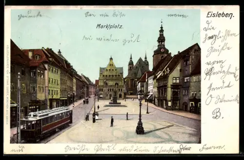 AK Eisleben, Marktplatz mit Denkmal und Strassenbahn