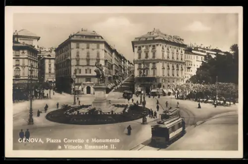 AK Genova, Strassenbahnen, Piazza Corvetto e Monumento a Vittorio Emanuele II