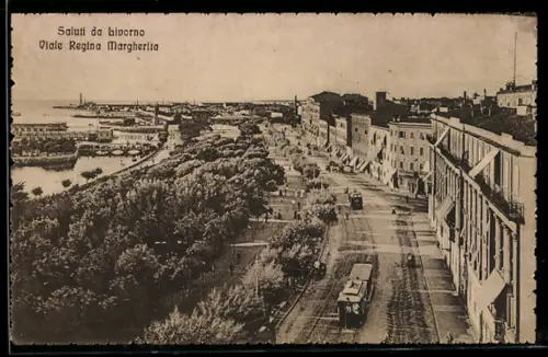 AK Livorno, Viale Regina Margherita, Strassenpartie mit Strassenbahn
