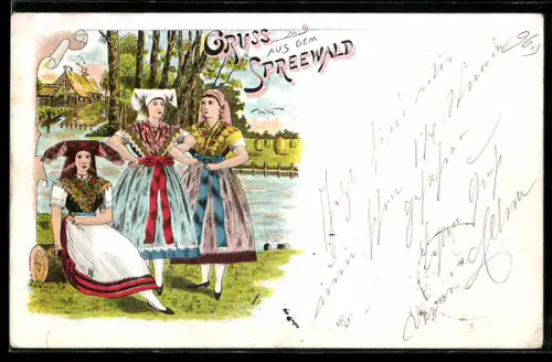 Lithographie Damen in Tracht aus dem Spreewald