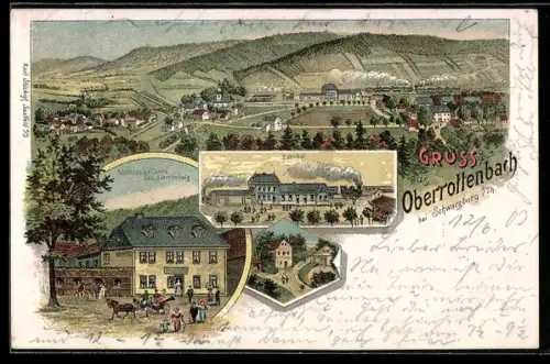 Lithographie Oberrottenbach, Gasthaus zur Sonne, Bahnhof, Ortspartie