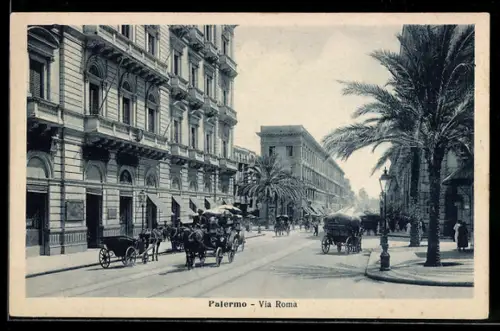 AK Palermo, Via Roma, Pferdekutschen