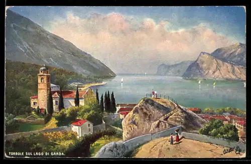 Künstler-AK Torbole, Ortsansicht mit Gardasee