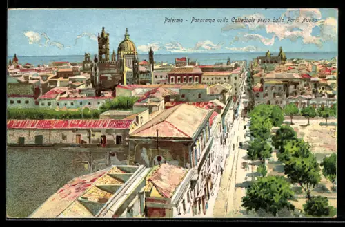 AK Palermo, Panorama colla Cattedrale preso dalle Porta Nuova