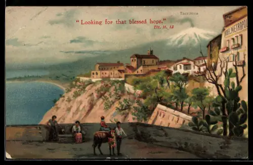 Künstler-AK Taormina, Blick vom Hotel Metropole zum Ätna
