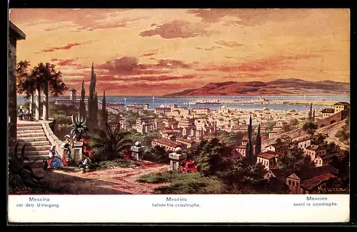 Künstler-AK Messina, Panoramablick auf die Stadt