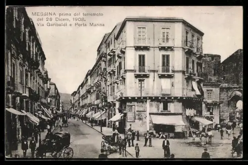AK Messina, prima del terremoto del 28. Dicem. 1908, Via Garibaldi e Porta Marina