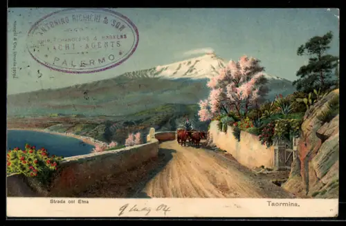 Lithographie Taormina, Strada col Etna, Vulkan, Ochsengespann
