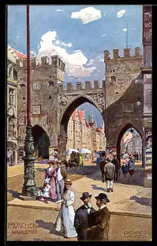 Künstler-AK Richard Wagner: München, Flaneure am Karlstor