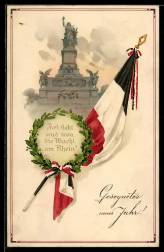 AK Deutscher Fahne vor Niederwald-Denkmal