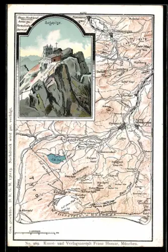 Lithographie Garmisch, Blick auf die Zugspitze, Landkarte der Umgebung