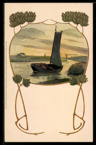 Lithographie Auf dem Lande, Ruderboot, Jugendstil