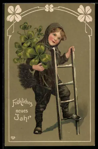 AK Kleiner Schornsteinfeger auf Leiter, Glückskleeblätter