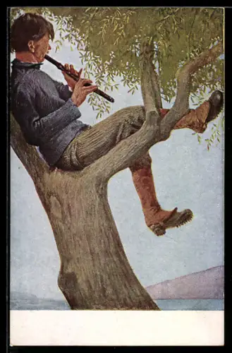 Künstler-AK G. Hirth`s Verlag, Serie: XIII, 4., Flötenspieler im Olivenbaum