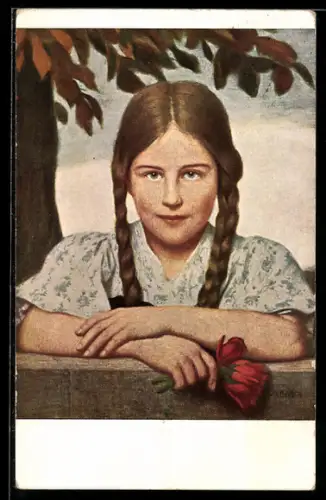Künstler-AK Ludwig von Zumbusch: Das Luiserl, Mädchen mit Zöpfen und Blumen in der Hand