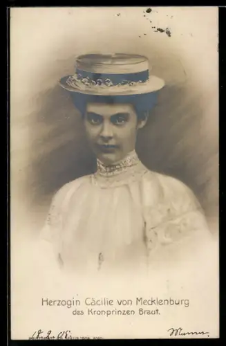 AK Portrait Herzogin Cäcilie von Mecklenburg, des Kronprinzen Braut