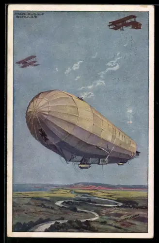 Künstler-AK Hans Rudolf Schulze: Militärluftkreuzer Hansa im Kampf..., Zeppelin