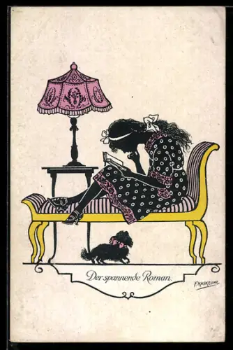 Künstler-AK Friedrich Kaskeline: Der spannende Roman, Lesendes Mädchen, Hund