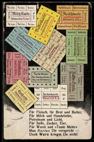 AK Lebensmittelmarken u. a. für Milch und Fleisch, Kriegsnot