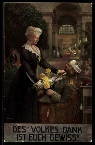 Künstler-AK Kaiserin Auguste Victoria Königin von Preussen überreicht einem verletzten Soldaten gelbe Rosen, Rotes Kreuz