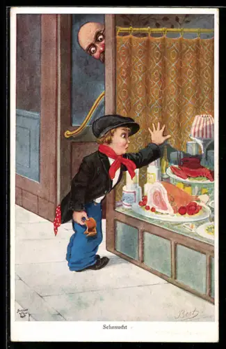 Künstler-AK Bert: Hungriger Landstreicher am Schaufenster