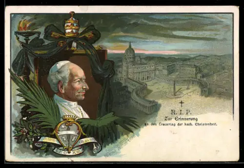 Lithographie Vatikanstadt, Trauertag der kath. Christenheit, Papst Leo XIII.