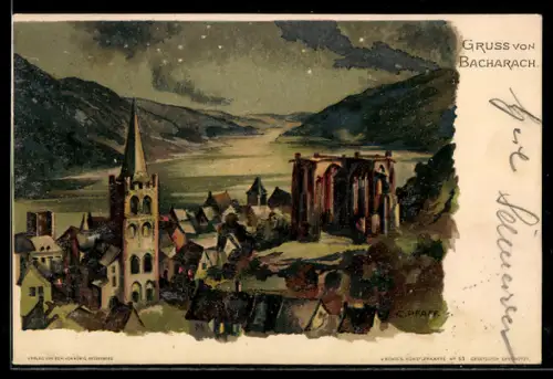 Künstler-AK C. Pfaff: Bacharach, Ortschaft bei Nacht um 1900