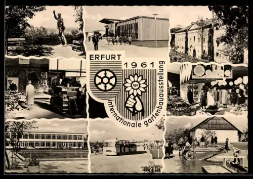 AK Erfurt, 1. Internationale Gartenbauausstellung der sozialistischen Länder, Denkmal, Bus, Wasserbecken