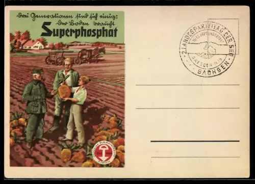 AK Bauern bei der reichen Rüben-Ernte, Reklame für Superphosphat der Chemie AG Pommerensdorf