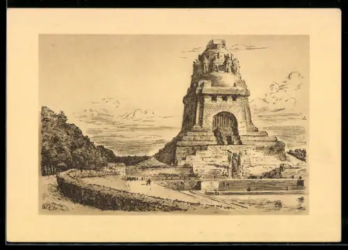 Künstler-AK Leipzig, Blick zum Völkerschlachtdenkmal, Errichtet 1898 bis 1913