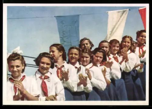 AK Sowjetische Pioniere, Die Jugend der Welt will den Frieden, Mädchen in Pionier-Uniformen