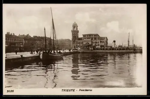 AK Trieste, Pescheria con barche e nave a vapore